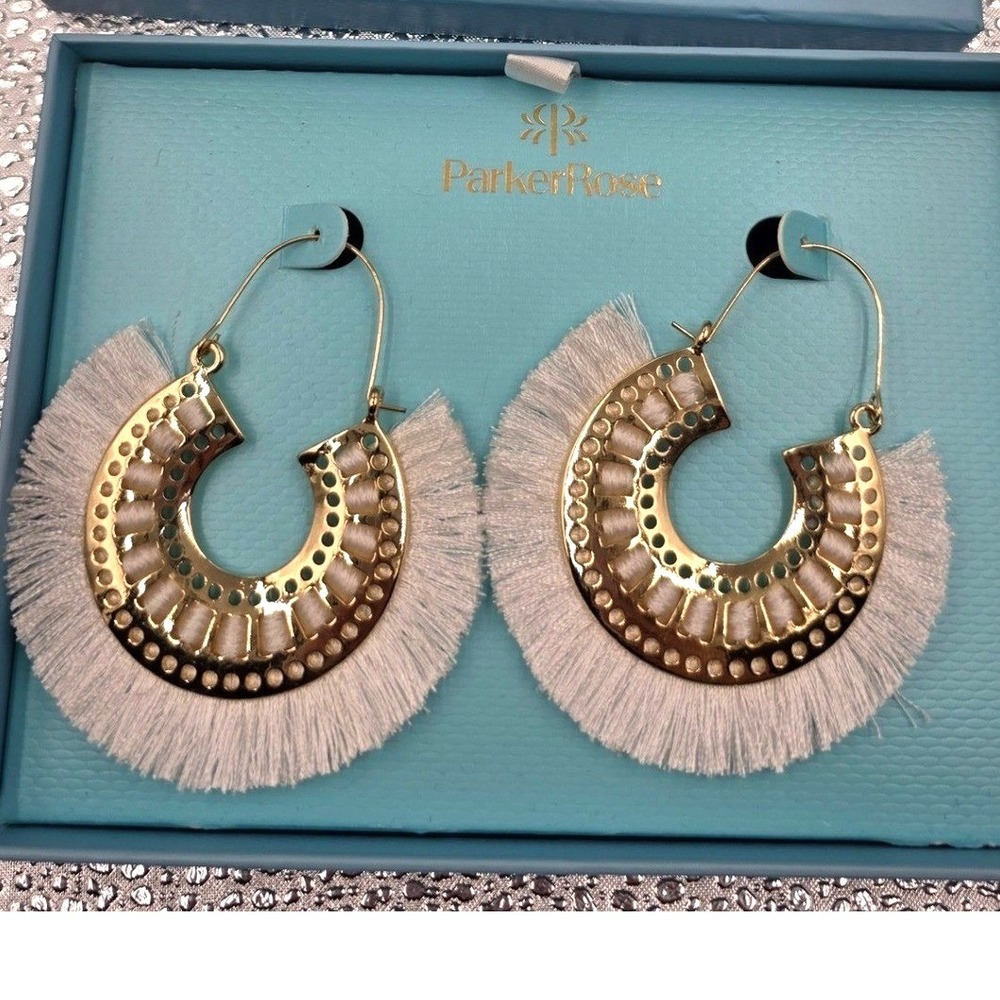 Parker Rose Gold Tone White Fringe Thread Wrapped Hoop Statement Earrings O1